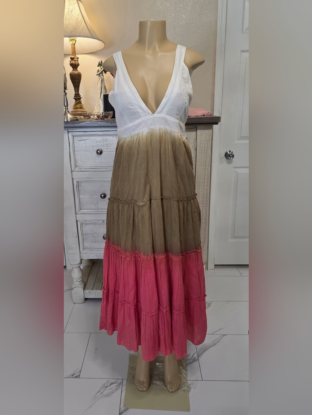 AREA Colorblock V-Neck Maxi Dress in White, Taupe & Coral - Picture 2 of 6